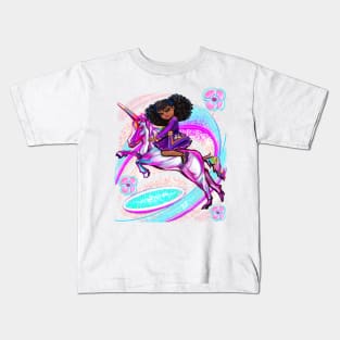 Princess for a black girls who loves unicorns pony Anime girl Natural Afro hair corn rows african American girl riding a pony unicorn Kids T-Shirt